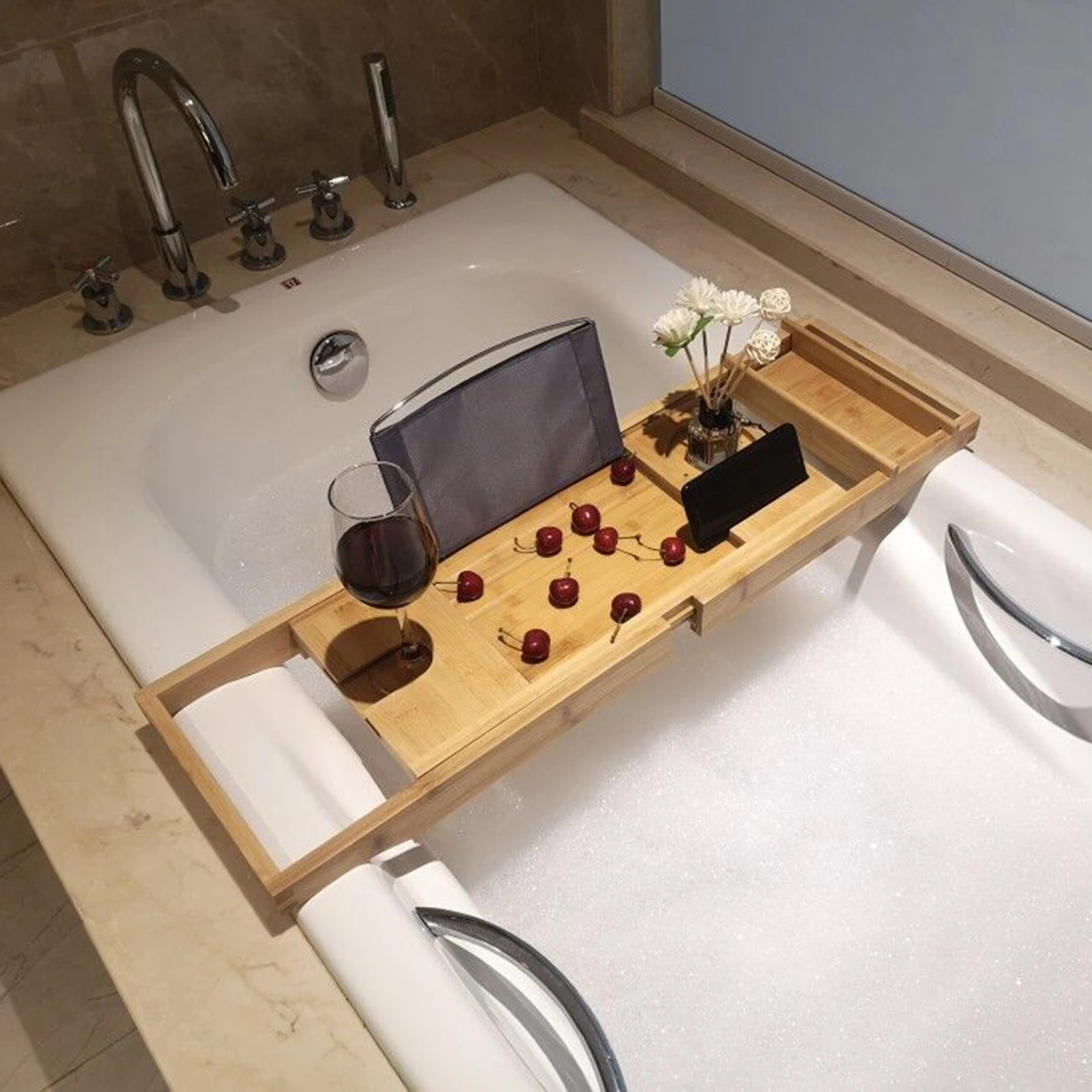 Expandable Bamboo Bathtub Tray – Large Capacity Bath Caddy for Wine, Phone & Tablet